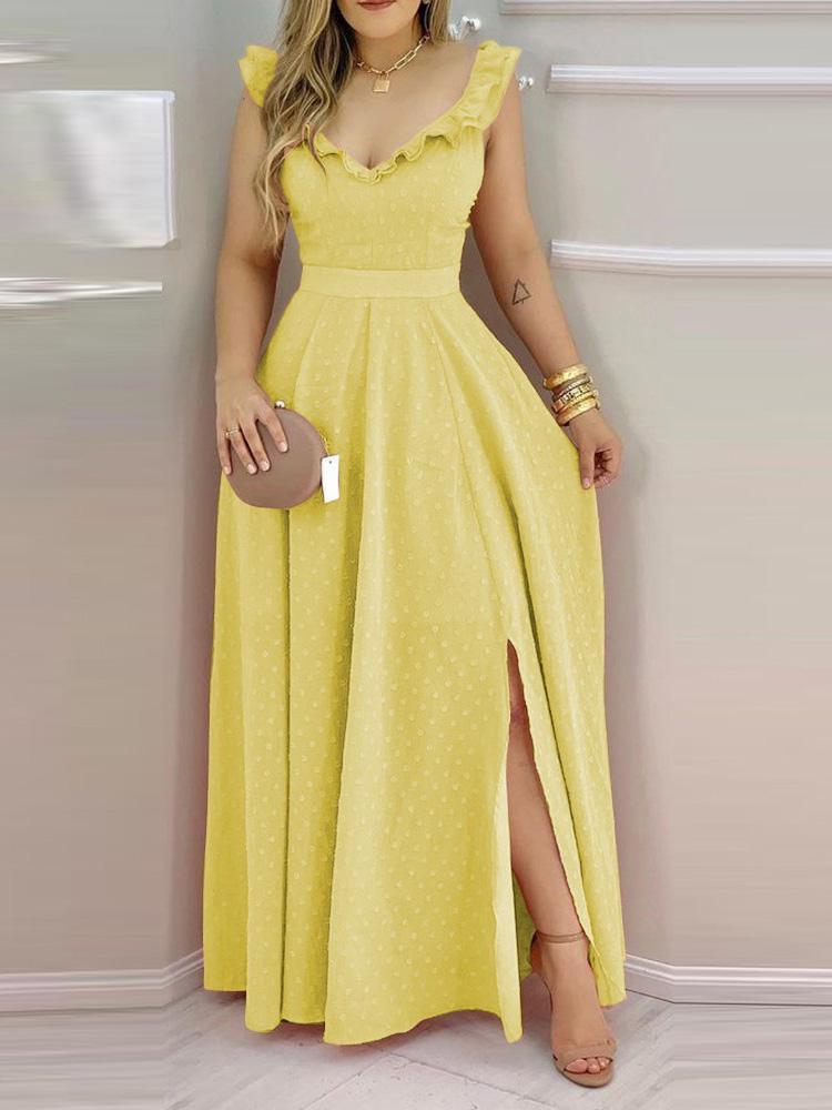 Ruffle Hem Open Back Slit Maxi Dress - Maxi Dresses - INS | Online Fashion Free Shipping Clothing, Dresses, Tops, Shoes - 29/04/2021 - Color_White.Color_Yellow - DRE210429086