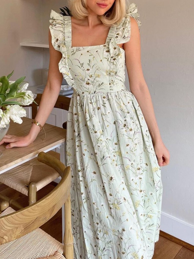 Ruffle Sleeve Pleated Shoulder Strap Maxi Dress - Maxi Dresses - INS | Online Fashion Free Shipping Clothing, Dresses, Tops, Shoes - 20/04/2021 - Category_Maxi Dresses - chiffon-dress