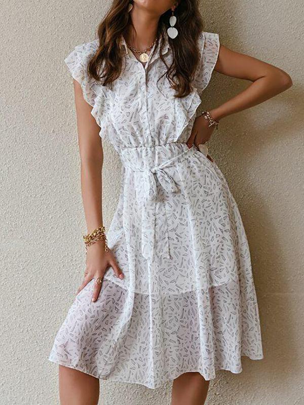 Ruffle Trim Button Front Belted Allover Print Dress - Dresses - INS | Online Fashion Free Shipping Clothing, Dresses, Tops, Shoes - 01/28/2021 - Color_White - Dresses