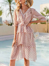 Ruffle Trim Puff Sleeve Layered Hem Polka Dot Dress - Dresses - INS | Online Fashion Free Shipping Clothing, Dresses, Tops, Shoes - 02/05/2021 - Color_Pink - Daily