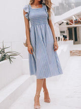 Ruffle Trim Shirred Striped Dress - Dresses - INS | Online Fashion Free Shipping Clothing, Dresses, Tops, Shoes - Casual Dresses - Daily - Date Night