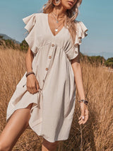 Ruffle Trimmed Button V Neck Mini Dress - Mini Dresses - INS | Online Fashion Free Shipping Clothing, Dresses, Tops, Shoes - 15/04/2021 - 1504V3 - Color_Apricot