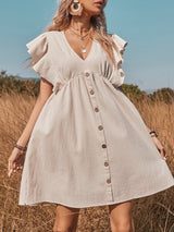 Ruffle Trimmed Button V Neck Mini Dress - Mini Dresses - INS | Online Fashion Free Shipping Clothing, Dresses, Tops, Shoes - 15/04/2021 - 1504V3 - Color_Apricot