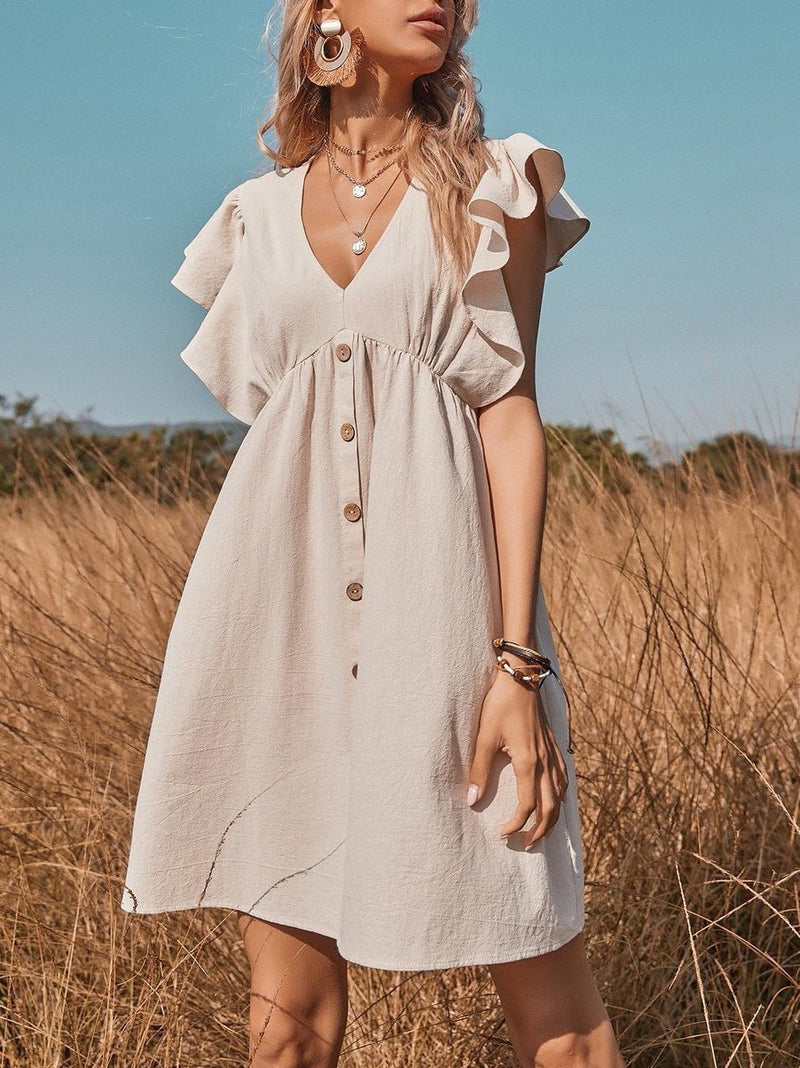 Ruffle Trimmed Button V Neck Mini Dress - Mini Dresses - INS | Online Fashion Free Shipping Clothing, Dresses, Tops, Shoes - 15/04/2021 - 1504V3 - Color_Apricot