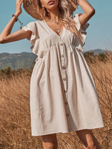 Ruffle Trimmed Button V Neck Mini Dress - Mini Dresses - INS | Online Fashion Free Shipping Clothing, Dresses, Tops, Shoes - 15/04/2021 - 1504V3 - Color_Apricot