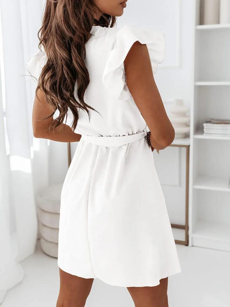 Ruffled Simple V-Neck Solid Short Sleeve Dress - Mini Dresses - INS | Online Fashion Free Shipping Clothing, Dresses, Tops, Shoes - 07/07/2021 - 20-30 - Category_Mini Dresses