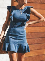 Ruffled Slim Stretch Denim Dress - Mini Dresses - INS | Online Fashion Free Shipping Clothing, Dresses, Tops, Shoes - Color_Blue - Colour_Light Blue - DRE210412752