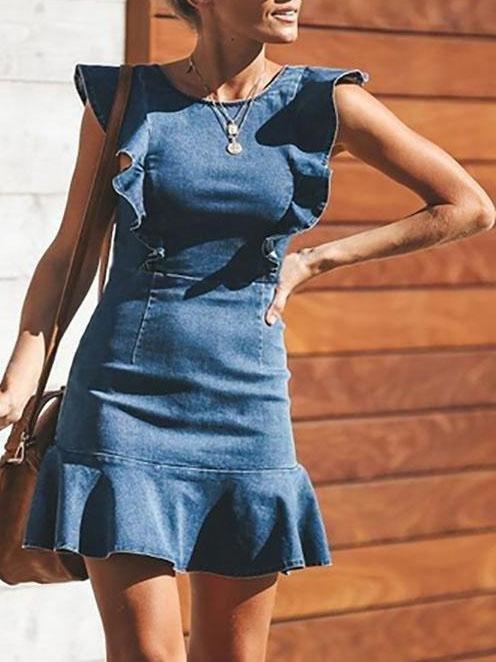 Ruffled Slim Stretch Denim Dress - Mini Dresses - INS | Online Fashion Free Shipping Clothing, Dresses, Tops, Shoes - Color_Blue - Colour_Light Blue - DRE210412752