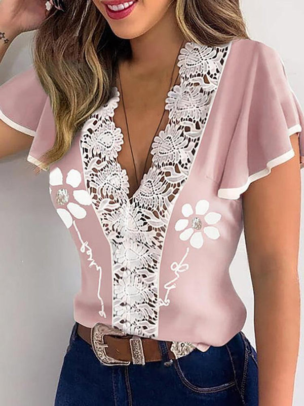 Ruffles Hem Contrast Lace Trim Top - Blouses - INS | Online Fashion Free Shipping Clothing, Dresses, Tops, Shoes - 29/04/2021 - BLO210429028 - Blouses