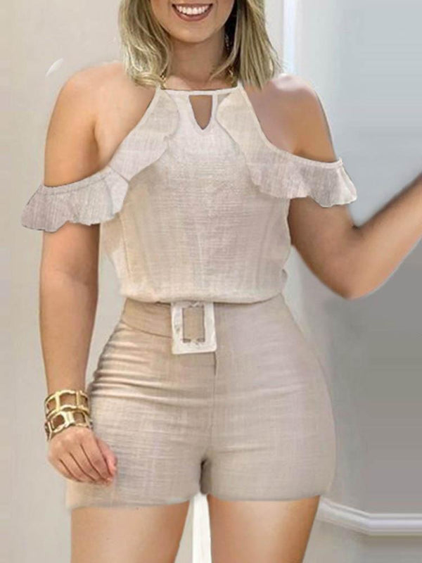 Ruffles Trim Cold Shoulder Top & Shorts Set - Two-piece Outfits - INS | Online Fashion Free Shipping Clothing, Dresses, Tops, Shoes - 05/05/2021 - Color_Beige - SET210505042