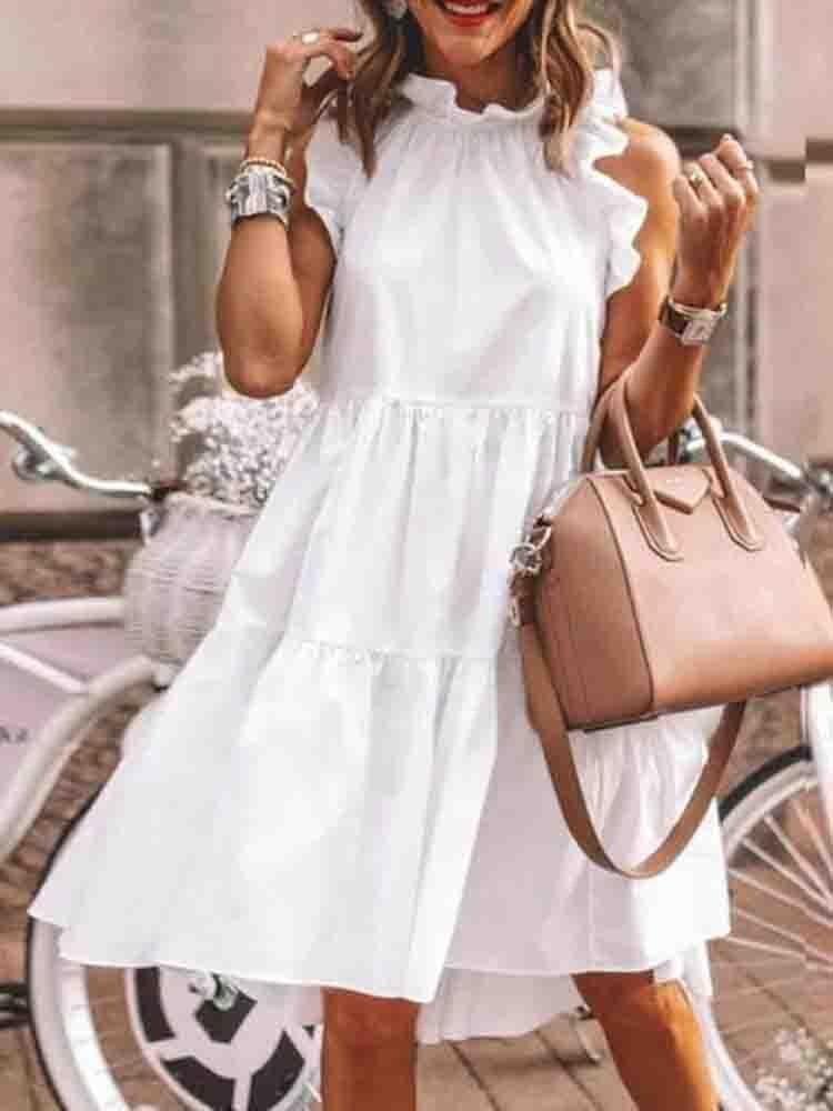 Ruffles Trim Ruched Short Sleeve Casual Dress - Mini Dress - INS | Online Fashion Free Shipping Clothing, Dresses, Tops, Shoes - 30/04/2021 - Color_Black - Color_White