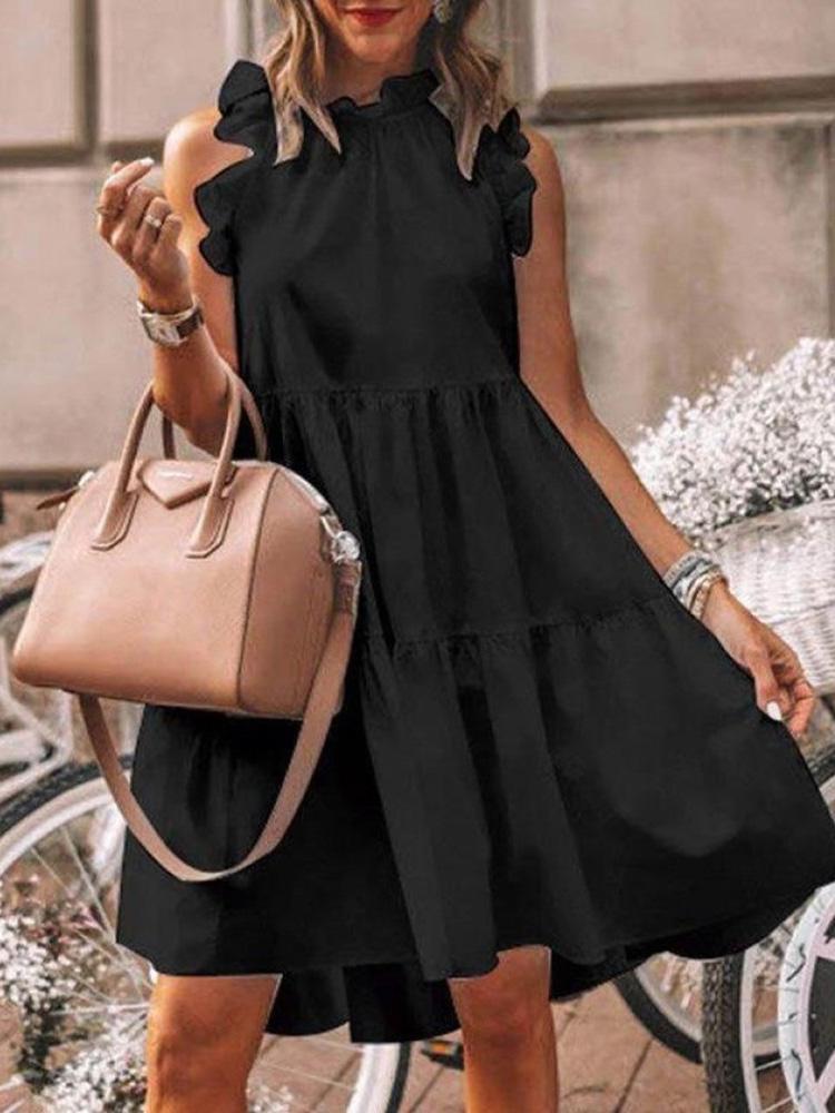Ruffles Trim Ruched Short Sleeve Casual Dress - Mini Dress - INS | Online Fashion Free Shipping Clothing, Dresses, Tops, Shoes - 30/04/2021 - Color_Black - Color_White