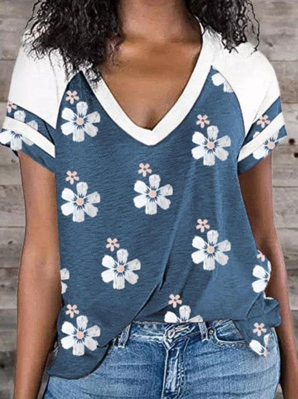 Sakura Print Raglan Sleeve Contrast T-shirt - T-Shirts - INS | Online Fashion Free Shipping Clothing, Dresses, Tops, Shoes - 01/06/2021 - Category_T-Shirts - Color_Blue