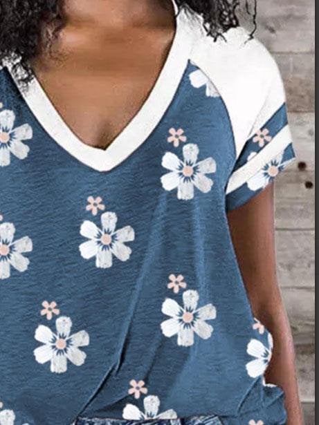 Sakura Print Raglan Sleeve Contrast T-shirt - T-Shirts - INS | Online Fashion Free Shipping Clothing, Dresses, Tops, Shoes - 01/06/2021 - Category_T-Shirts - Color_Blue