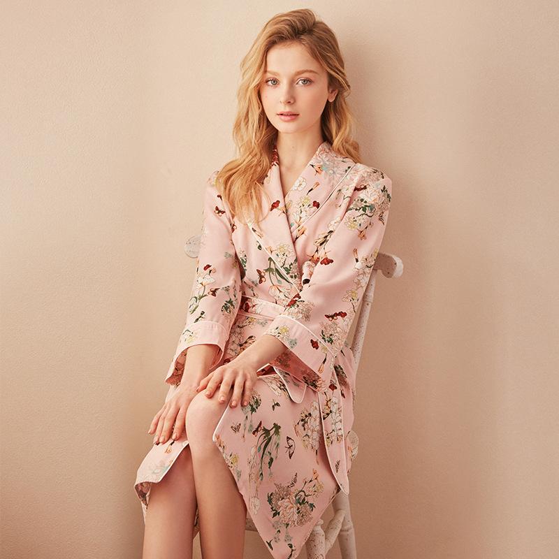 Satin Floral Print Long Dressing Gown - Robes - INS | Online Fashion Free Shipping Clothing, Dresses, Tops, Shoes - 04/03/2021 - Color_Pink - L