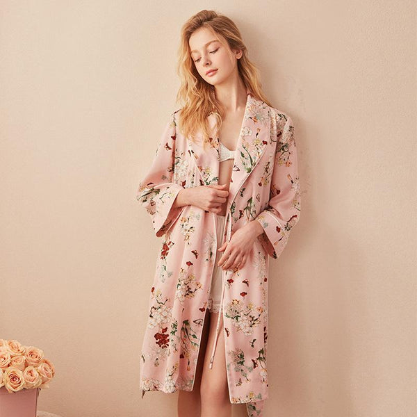 Satin Floral Print Long Dressing Gown - Robes - INS | Online Fashion Free Shipping Clothing, Dresses, Tops, Shoes - 04/03/2021 - Color_Pink - L