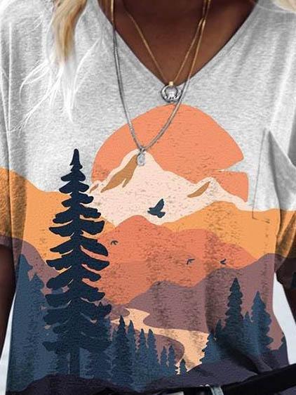 Scenery Print Short-sleeve V-neck T-shirt - T-shirts - INS | Online Fashion Free Shipping Clothing, Dresses, Tops, Shoes - 08/06/2021 - Color_Blue - Color_Brown