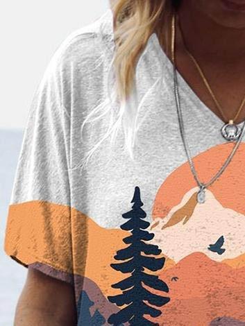 Scenery Print Short-sleeve V-neck T-shirt - T-shirts - INS | Online Fashion Free Shipping Clothing, Dresses, Tops, Shoes - 08/06/2021 - Color_Blue - Color_Brown