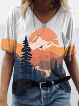 Scenery Print Short-sleeve V-neck T-shirt - T-shirts - INS | Online Fashion Free Shipping Clothing, Dresses, Tops, Shoes - 08/06/2021 - Color_Blue - Color_Brown