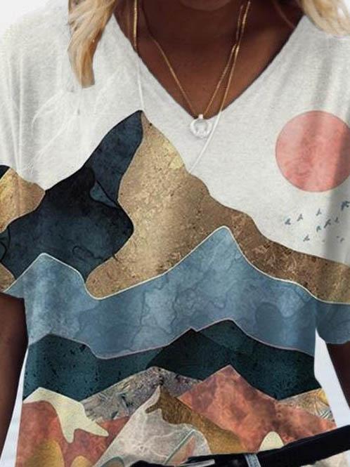 Scenery Print Short-sleeve V-neck T-shirt - T-shirts - INS | Online Fashion Free Shipping Clothing, Dresses, Tops, Shoes - 08/06/2021 - Color_Blue - Color_Brown