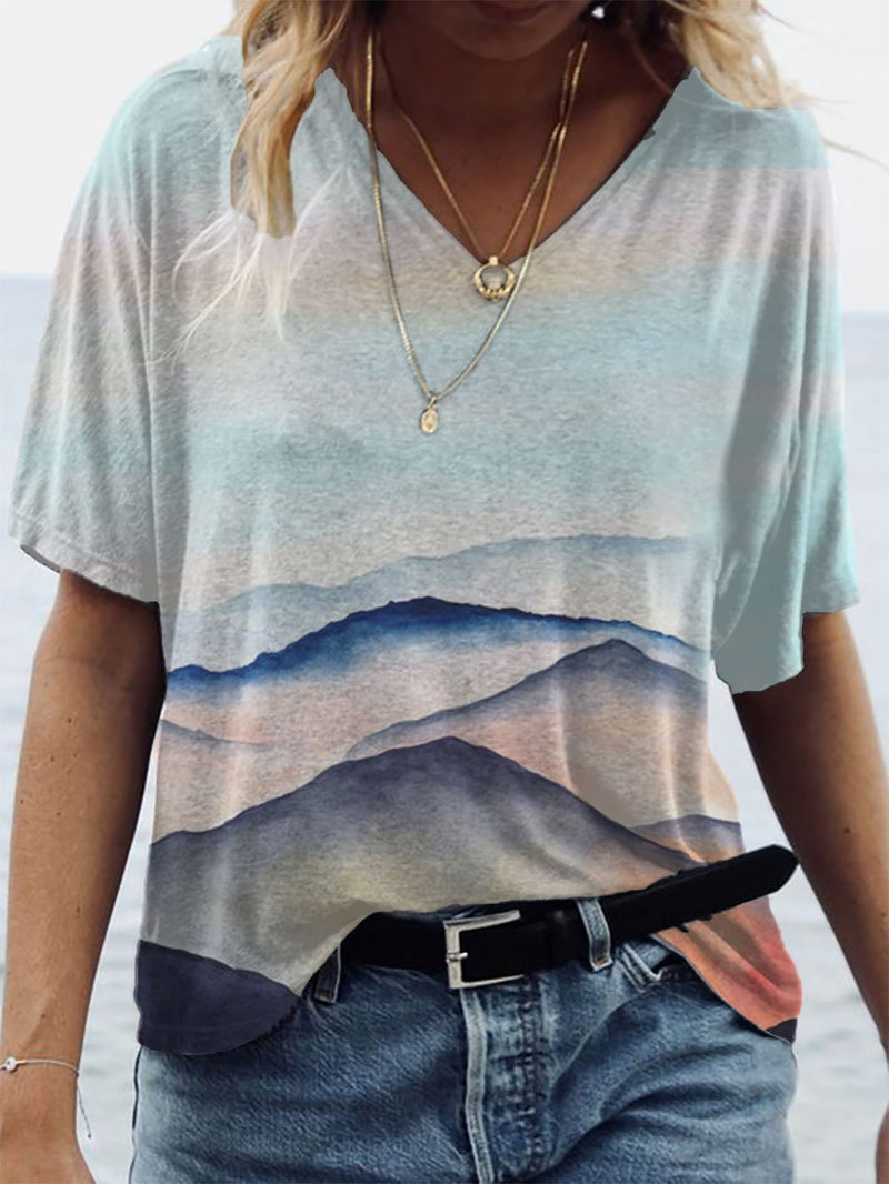 Scenery Print Short-sleeve V-neck T-shirt - T-shirts - INS | Online Fashion Free Shipping Clothing, Dresses, Tops, Shoes - 08/06/2021 - Color_Blue - Color_Brown