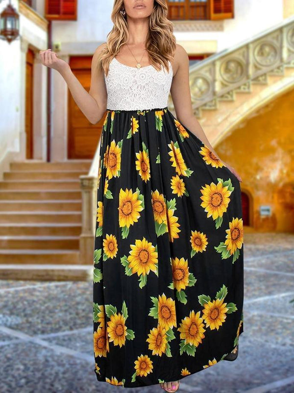 Scoop Neck Sunflower Print Maxi Dress - Maxi Dresses - INS | Online Fashion Free Shipping Clothing, Dresses, Tops, Shoes - 20-30 - 21/06/2021 - color-black