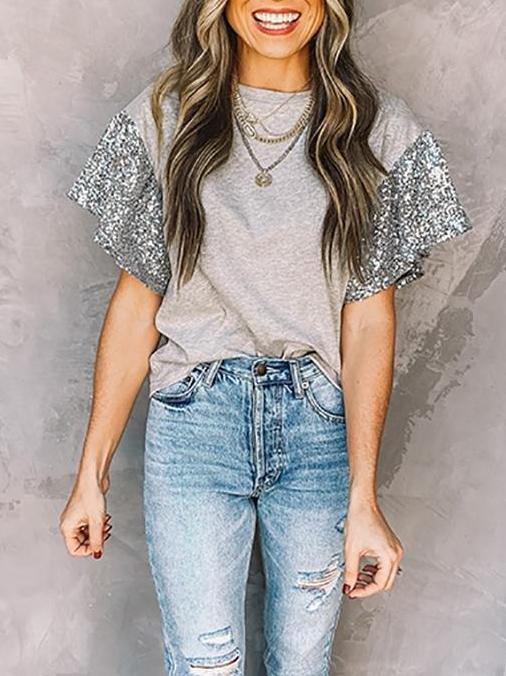 Sequins Ruffle Sleeve Round Neck Casual T-shirt - T-Shirts - INS | Online Fashion Free Shipping Clothing, Dresses, Tops, Shoes - 04/13/2021 - Colour_Black - Colour_Grey