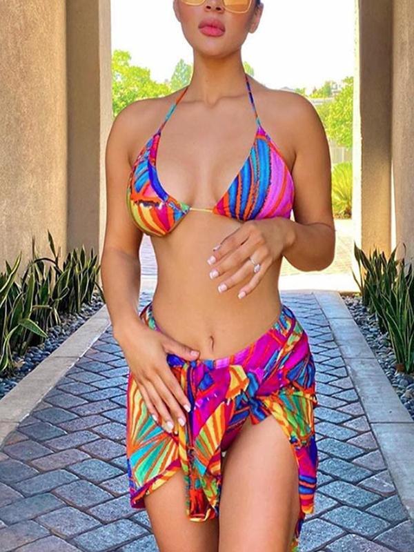 Sexy Printed Strappy Three-piece Swimsuit - Bikinis - INS | Online Fashion Free Shipping Clothing, Dresses, Tops, Shoes - 18/03/2021 - Beach - Colorful