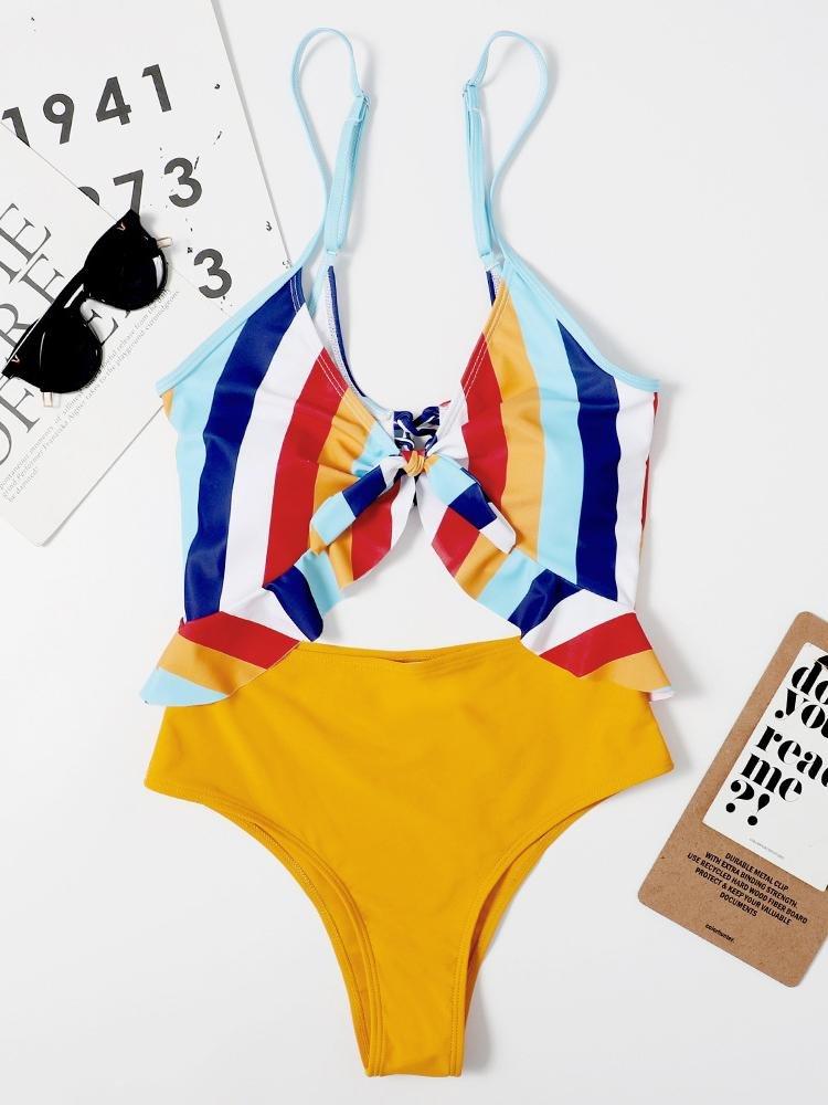 Sexy Striped Print Hollow Backless Ruffled One-piece Swimsuit - Bikinis - INS | Online Fashion Free Shipping Clothing, Dresses, Tops, Shoes - 18/03/2021 - Beach - Blue