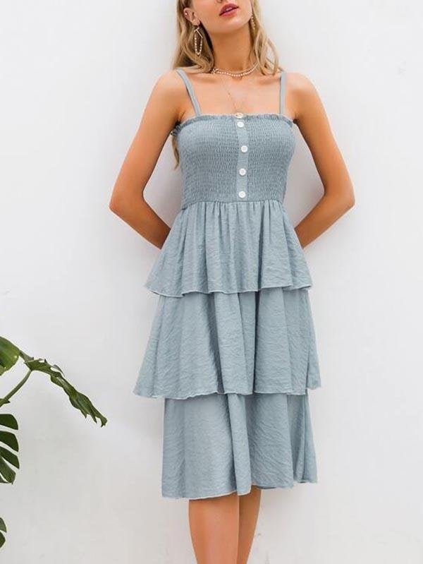 Shirred Bodice Button Layered Hem Cami Dress - Dresses - INS | Online Fashion Free Shipping Clothing, Dresses, Tops, Shoes - 02/05/2021 - Blue - Color_Blue