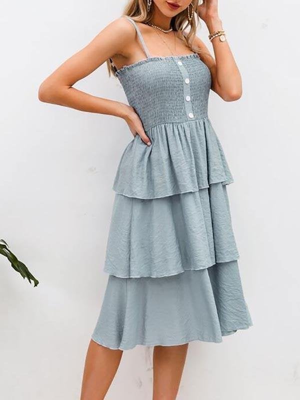 Shirred Bodice Button Layered Hem Cami Dress - Dresses - INS | Online Fashion Free Shipping Clothing, Dresses, Tops, Shoes - 02/05/2021 - Blue - Color_Blue