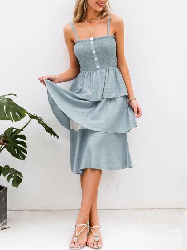 Shirred Bodice Button Layered Hem Cami Dress - Dresses - INS | Online Fashion Free Shipping Clothing, Dresses, Tops, Shoes - 02/05/2021 - Blue - Color_Blue