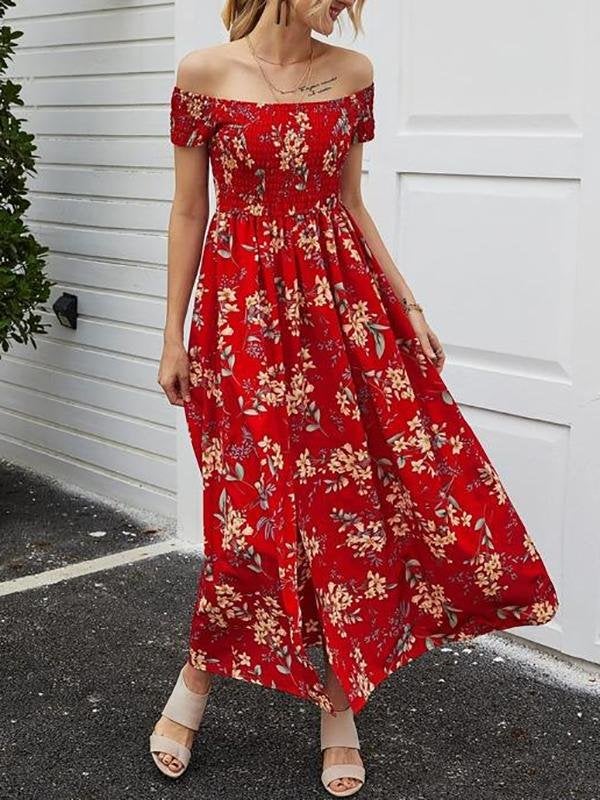 Shirred Bodice Slit Hem Floral Dress - Dresses - INS | Online Fashion Free Shipping Clothing, Dresses, Tops, Shoes - 01/27/2021 - Beach - chiffon-dress