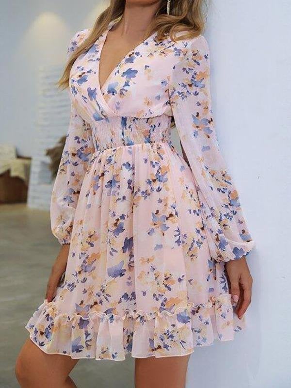 Shirred Waist Ruffle Hem Floral Chiffon Dress - Dresses - INS | Online Fashion Free Shipping Clothing, Dresses, Tops, Shoes - 02/02/2021 - Color_Orange - Color_Pink