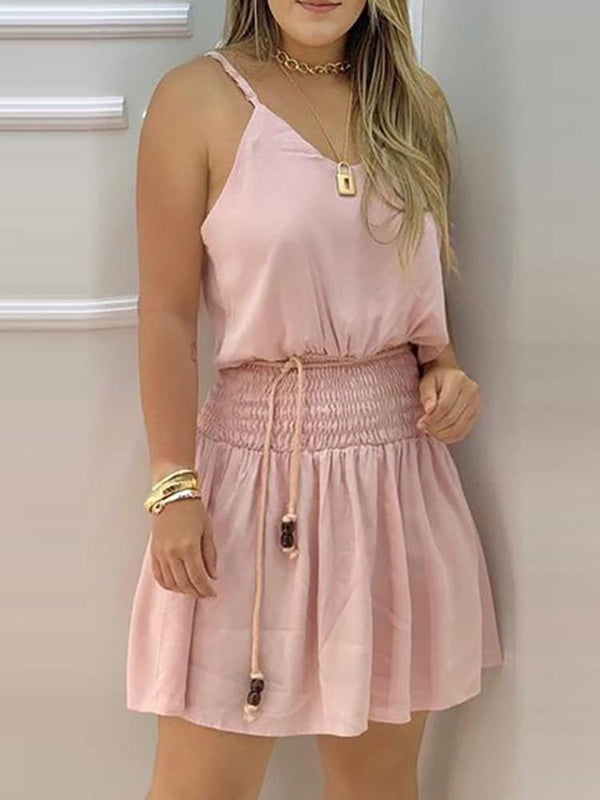 Shirring Detail Spaghetti Strap Casual Dress - Mini Dresses - INS | Online Fashion Free Shipping Clothing, Dresses, Tops, Shoes - 28/04/2021 - Category_Mini Dresses - Color_Pink