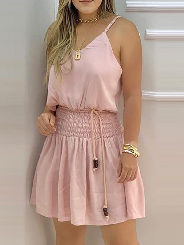 Shirring Detail Spaghetti Strap Casual Dress - Mini Dresses - INS | Online Fashion Free Shipping Clothing, Dresses, Tops, Shoes - 28/04/2021 - Category_Mini Dresses - Color_Pink