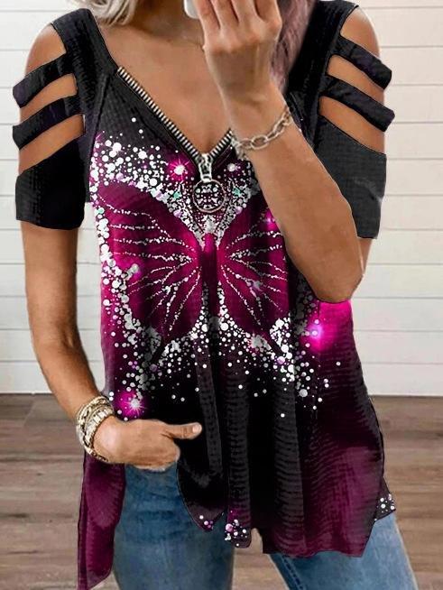 Short Sleeve Butterfly Print Zipper T-shirt - T-Shirts - INS | Online Fashion Free Shipping Clothing, Dresses, Tops, Shoes - 08/06/2021 - Category_T-Shirts - Color_Black