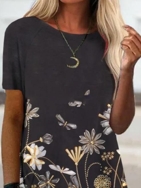 Short Sleeve Dragonfly Print Round Neck Top - T-shirts - INS | Online Fashion Free Shipping Clothing, Dresses, Tops, Shoes - 10-20 - 21/06/2021 - color-black