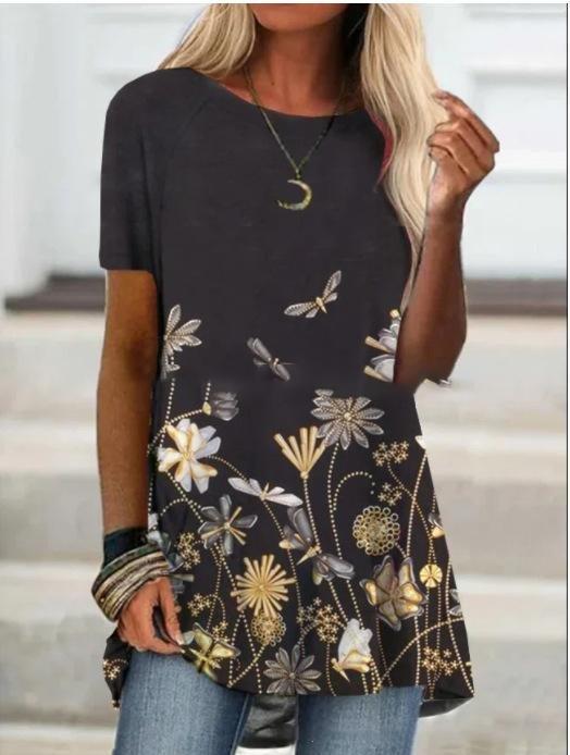 Short Sleeve Dragonfly Print Round Neck Top - T-shirts - INS | Online Fashion Free Shipping Clothing, Dresses, Tops, Shoes - 10-20 - 21/06/2021 - color-black