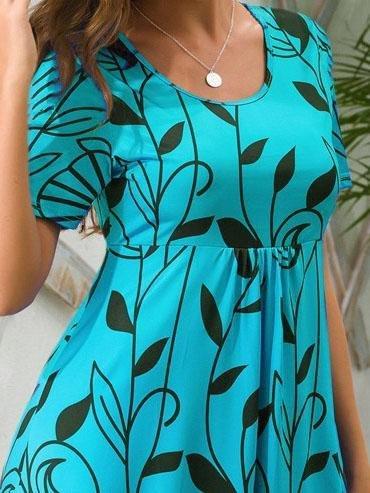 Short Sleeve Leaf Print Round Neck Mini Dress - Mini Dresses - INS | Online Fashion Free Shipping Clothing, Dresses, Tops, Shoes - 02/06/2021 - Category_Mini Dresses - Color_Blue