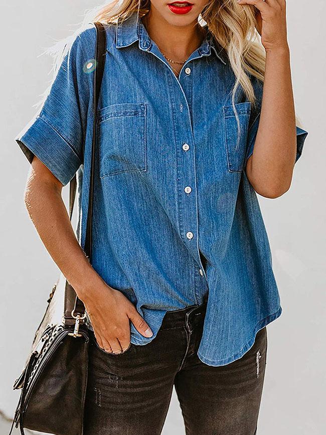Short Sleeve Pocket Straight Denim Blouses - Blouses - INS | Online Fashion Free Shipping Clothing, Dresses, Tops, Shoes - 15/07/2021 - 20-30 - BLO2107161197