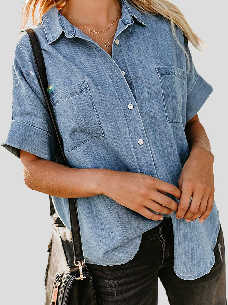 Short Sleeve Pocket Straight Denim Blouses - Blouses - INS | Online Fashion Free Shipping Clothing, Dresses, Tops, Shoes - 15/07/2021 - 20-30 - BLO2107161197