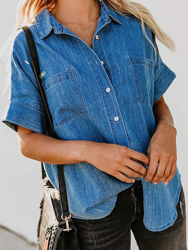 Short Sleeve Pocket Straight Denim Blouses - Blouses - INS | Online Fashion Free Shipping Clothing, Dresses, Tops, Shoes - 15/07/2021 - 20-30 - BLO2107161197