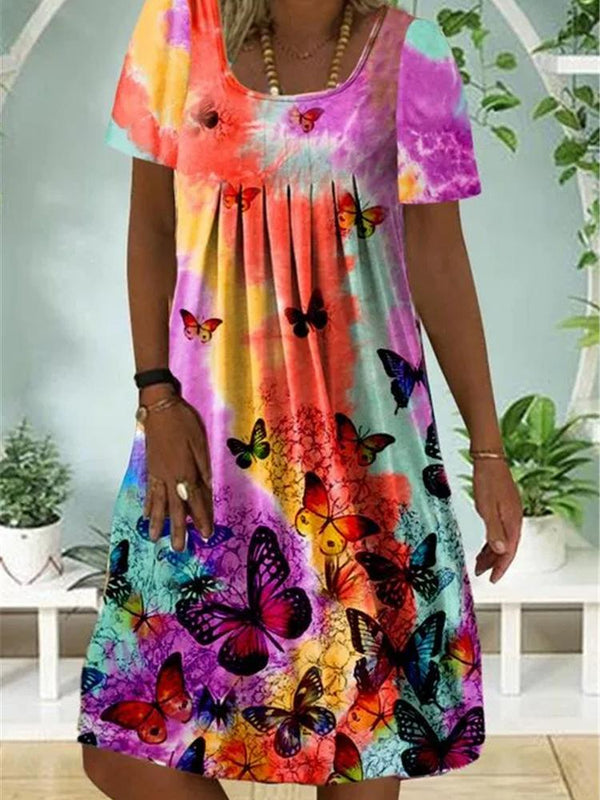 Short Sleeve Round Neck Butterfly Print Dress - Midi Dresses - INS | Online Fashion Free Shipping Clothing, Dresses, Tops, Shoes - 06/07/2021 - 20-30 - Category_Midi Dresses