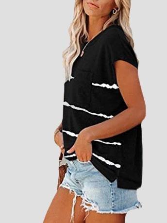 Short Sleeve Striped Printed Pocket Casual Round Neck T-shirt - T-Shirts - INS | Online Fashion Free Shipping Clothing, Dresses, Tops, Shoes - 02/06/2021 - Category_T-Shirts - Color_Black