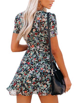 Short Sleeve V-neck Floral Dress - Mini Dresses - INS | Online Fashion Free Shipping Clothing, Dresses, Tops, Shoes - 01/06/2021 - Category_Mini Dresses - Color_Black