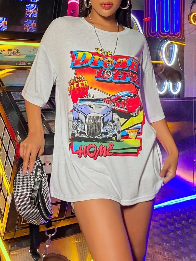 Short-sleeved Boyfriend T-Shirt With Car And Letters - T-Shirts - INS | Online Fashion Free Shipping Clothing, Dresses, Tops, Shoes - 14/05/2021 - 140521 - Category_T-Shirts
