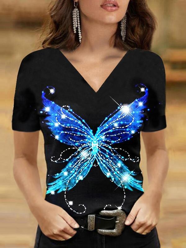 Short-sleeved Butterfly Elf V-neck T-shirt - T-shirts - INS | Online Fashion Free Shipping Clothing, Dresses, Tops, Shoes - 08/07/2021 - 10-20 - color-black