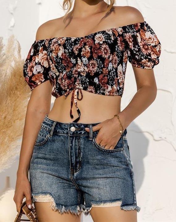 Short-sleeved Floral One-shoulder Drawstring Exposed Navel Blouses - Blouses - INS | Online Fashion Free Shipping Clothing, Dresses, Tops, Shoes - 04/12/2021 - BLO210412191 - Blouses