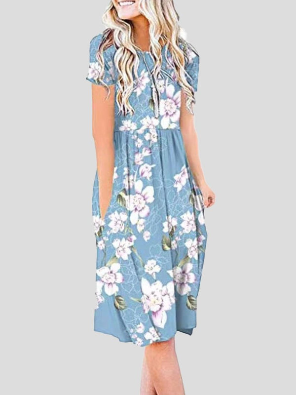 Short-sleeved Floral Print Mid-waist Midi Dress - Midi Dresses - INS | Online Fashion Free Shipping Clothing, Dresses, Tops, Shoes - 19/07/2021 - 20-30 - color-black